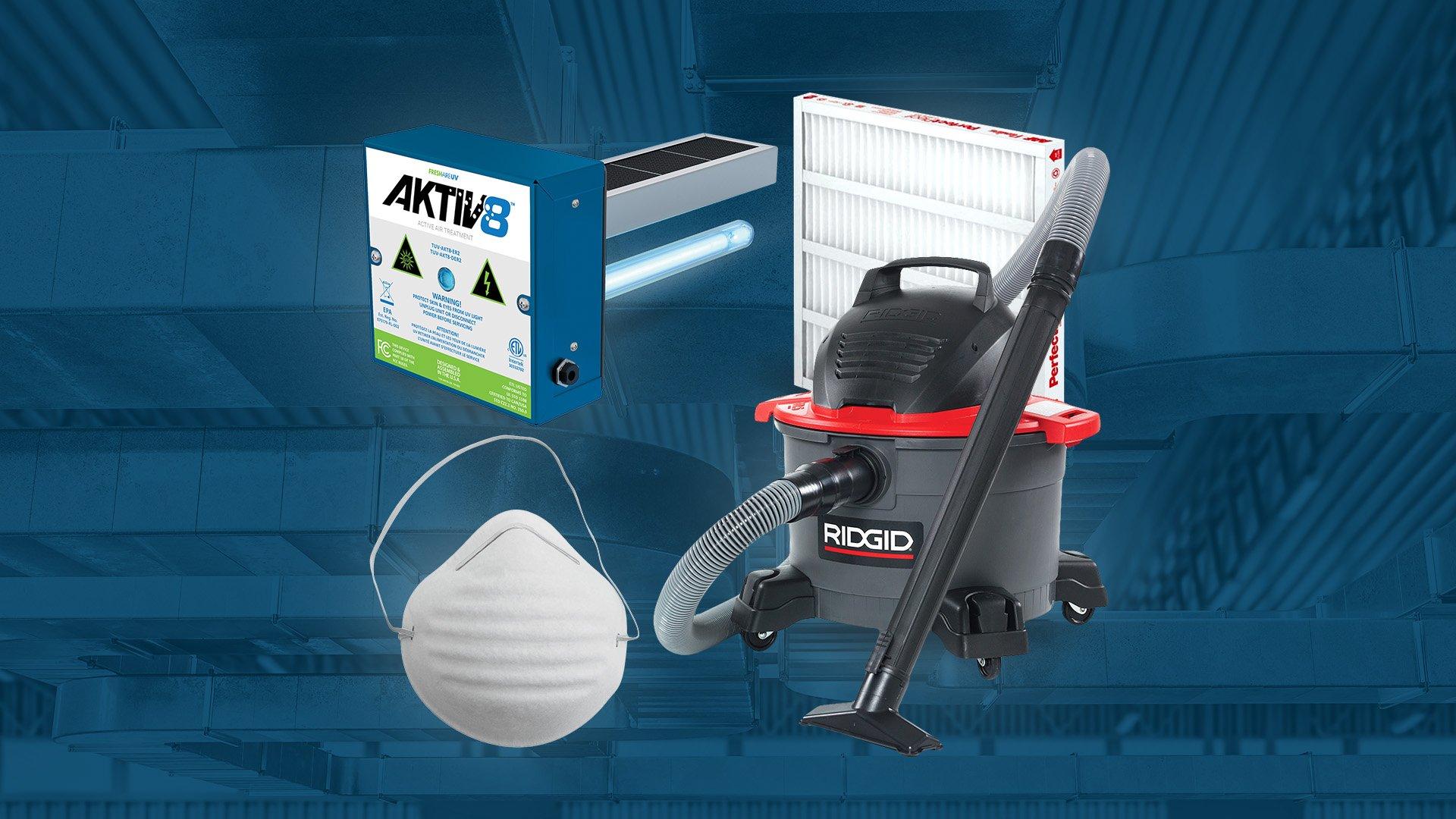 Photo collage of Rigid vacuum, face mask and filter.