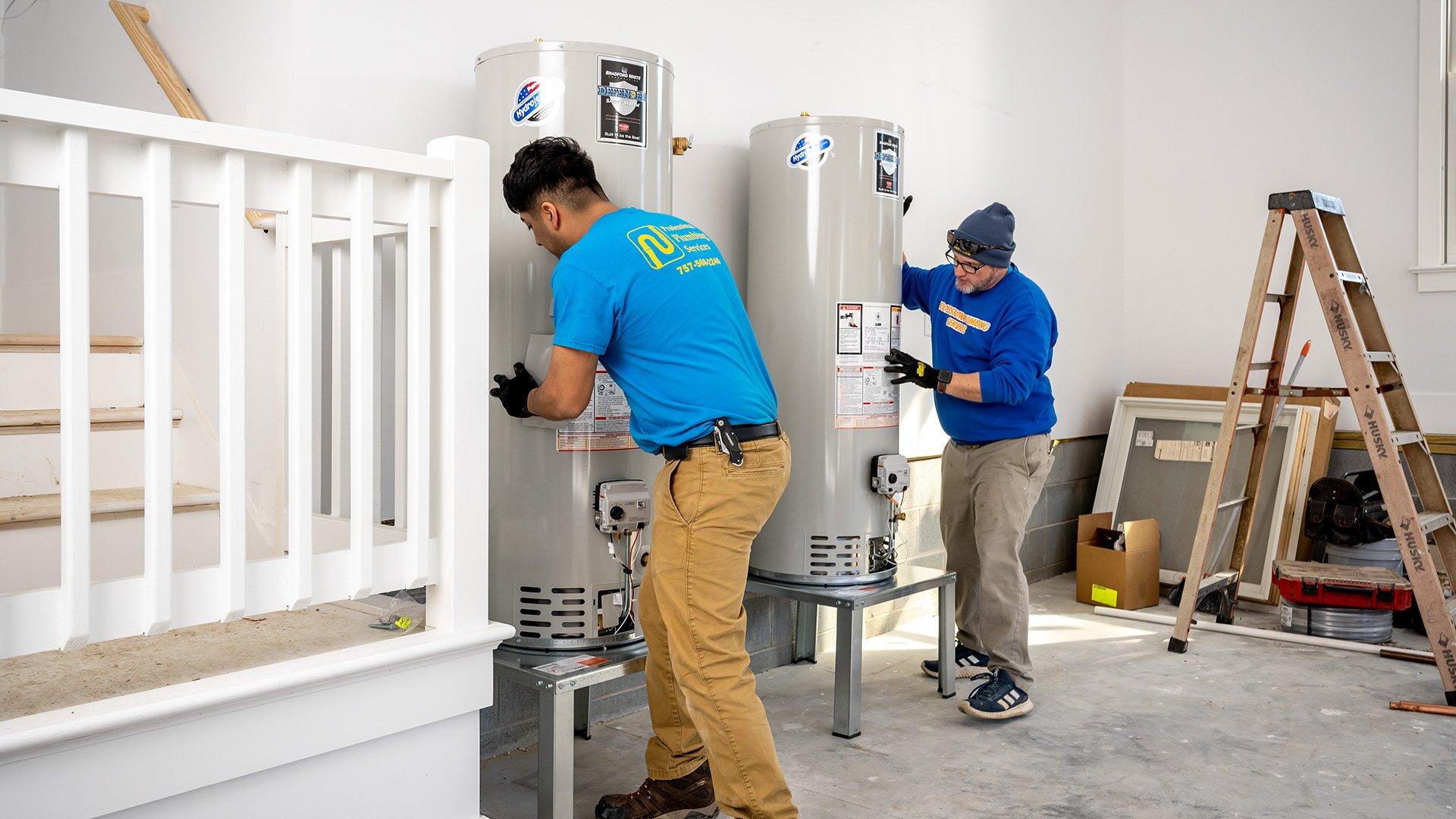 Ferguson employee unloads Bradford White water heater from the back of truck.